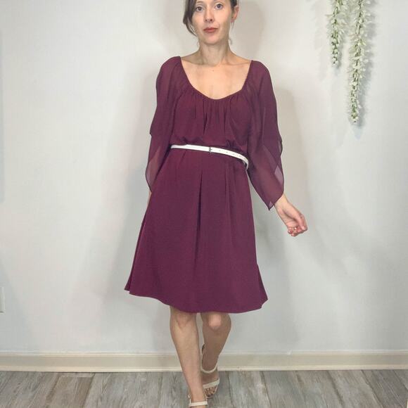 NWT ALICE + OLIVIA boho silk off shoulder flouce dress wide sleeve currant 2388 - Picture 2 of 15